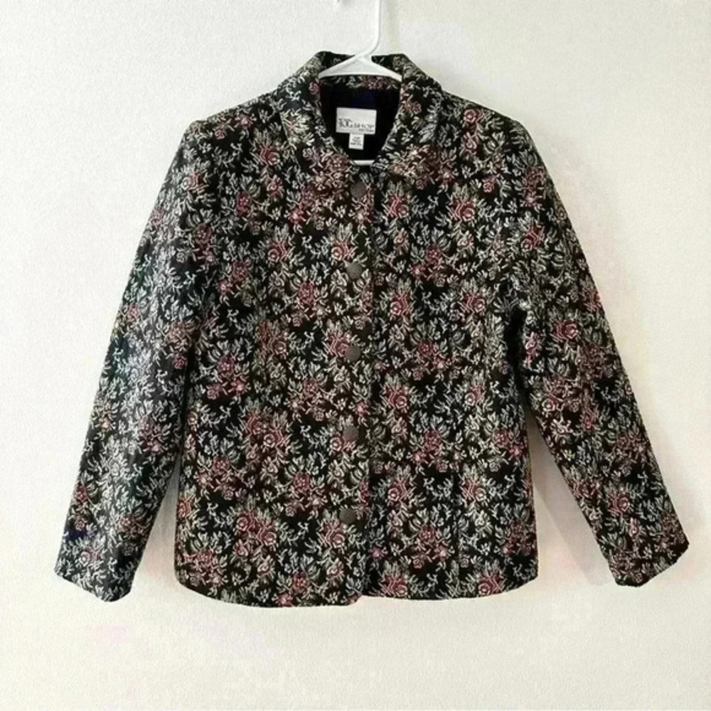 The Tog Shop Blazer‎ Size 12 Petites Jacket Floral Carpet Jacquard Metal Buttons